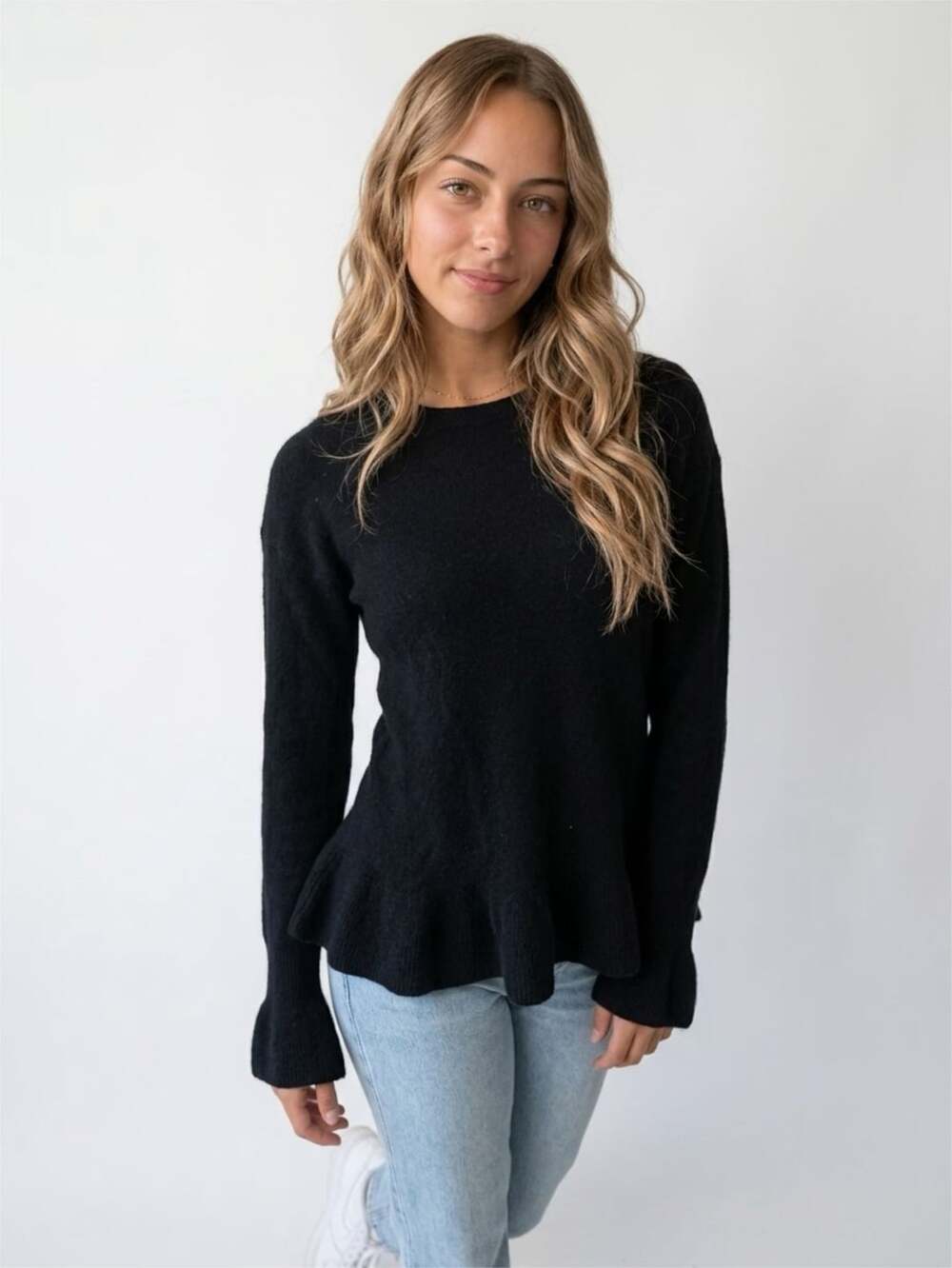 Lord & Taylor 100% Cashmere Ruffle Hem Cuffs Crewneck Sweater Black Petite Small